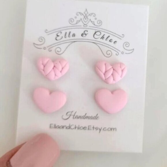 Powder Pink Mini Heart Stud Earring Set of 2 Dainty Minimalist - Picture 1 of 4